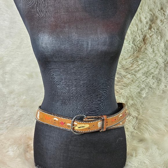 Vintage Mexico Eagle Leather Brown Tooled Leather Hand Painted Waist Belt 40 - Picture 1 of 8
